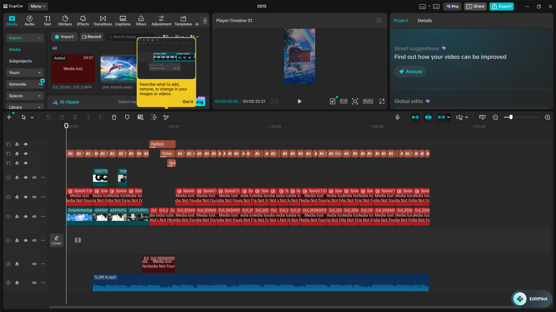 A CapCut Pro editing timeline showing multiple layered video, text, and audio tracks for one of Logan's videos.